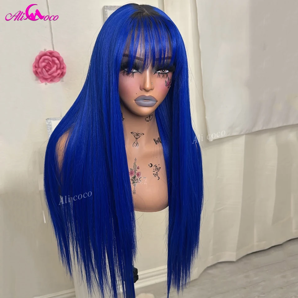 

Bright Sapphire Blue with Bangs Straight 180 Density Brazilian Invisible Closure 13X4 Pre Plucked Lace Front Real Human Hair Wig