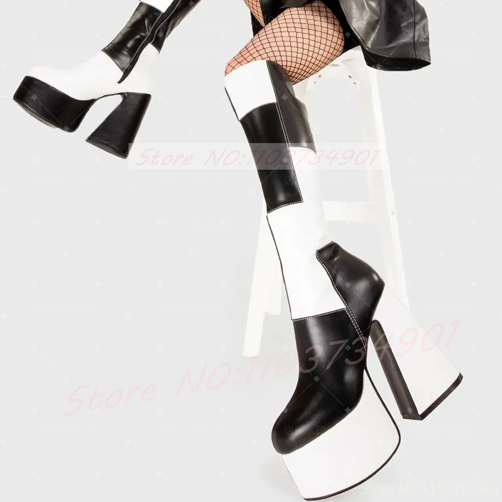 Patchwork Platform Knee High Boots Women Black And White Color Blocking Chunky Triangle Heel Boots Lady Classy Gothic Y2K Shoes view 3