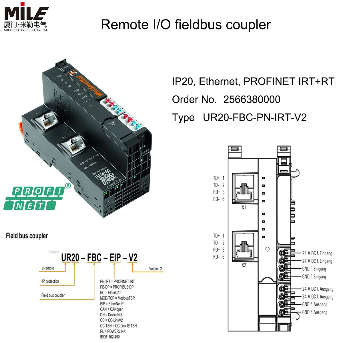 Weidmuller 2566380000_UR20-FBC-PN-IRT-V2 Chinese Supplier Customized Io System Modules Wholesale Ip67 Remote I/O Module