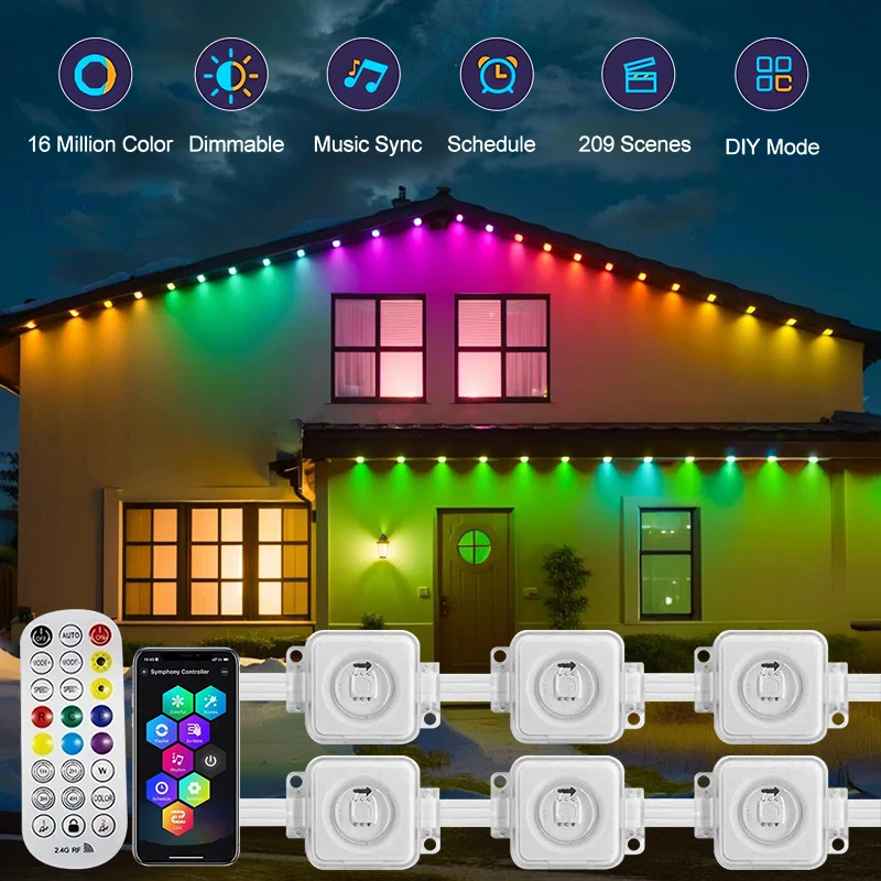 

30M Permanent RGBIC Eaves Lights LED Smart Outdoor Lighting With Remote For Full House Party Halloween Holiday Decor