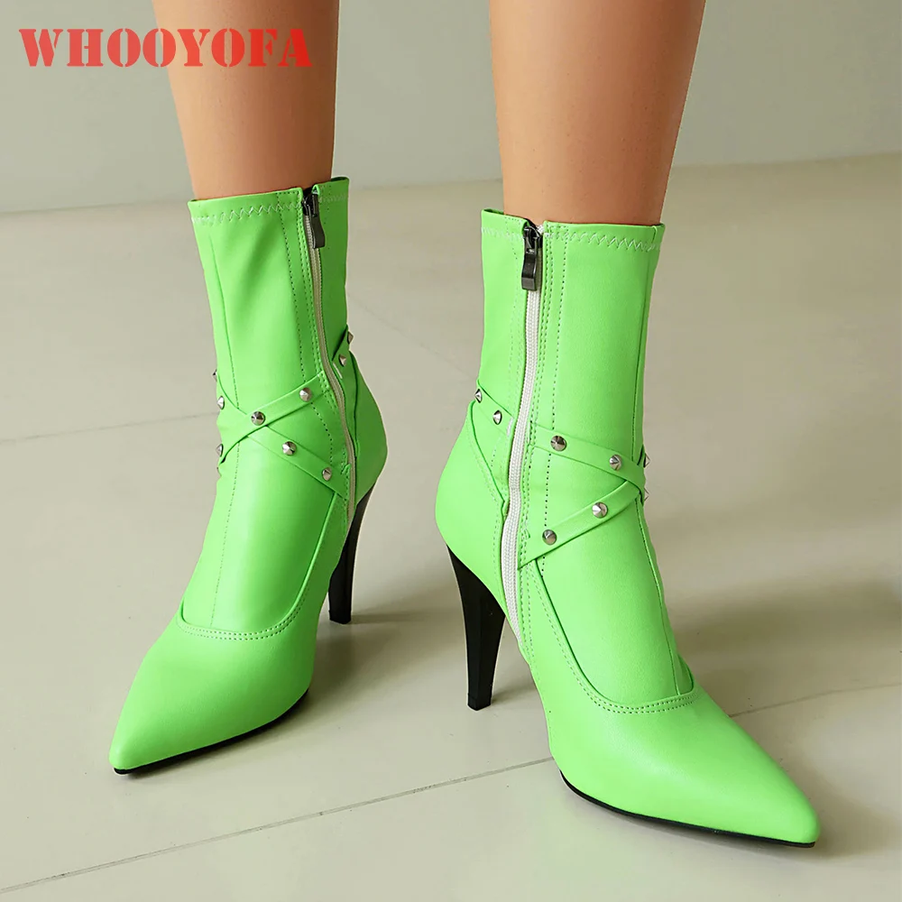 

2025 New Winter Sexy Green Black Women Mid Calf Boots Fashion 8.5cm High Heels Lady Dress Shoes Plus Big Size 43 45 48