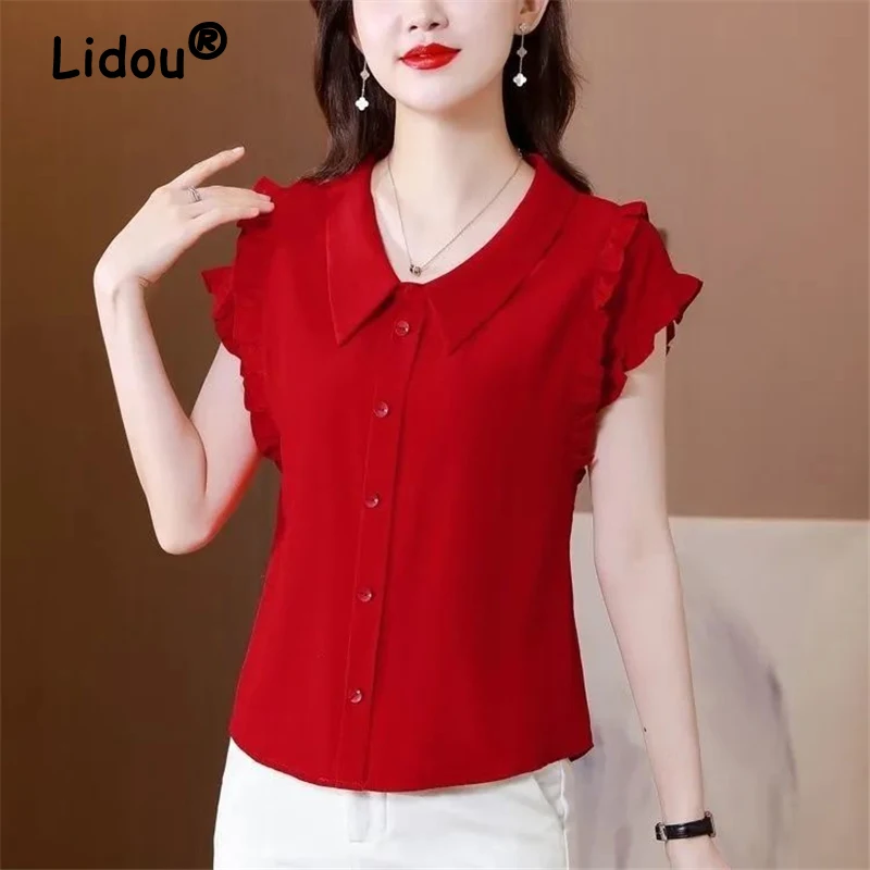 

Women's Clothing Ruffle Elegant Solid Slim Shirts Summer Korean Fashion Office Lady Short Sleeve Blouse Chic Chiffon Tops Blusas