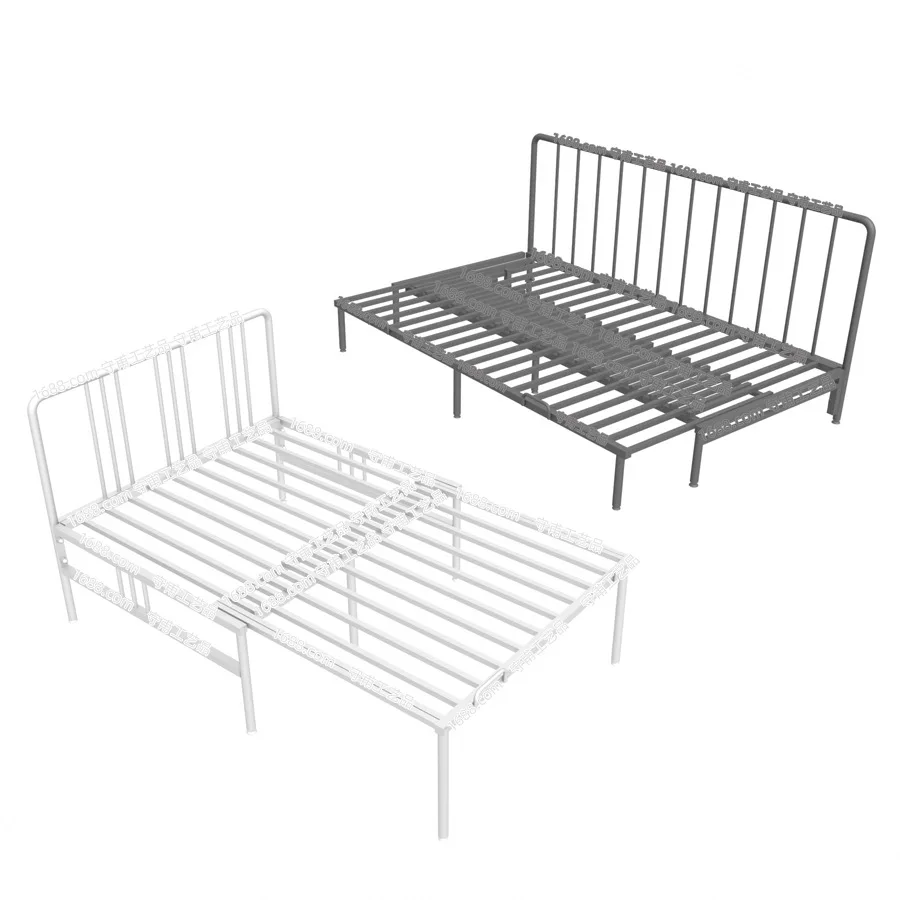 A pull-out wrought iron sofa bed frame without armrests and backrests, placed on the left and right sides against the wall