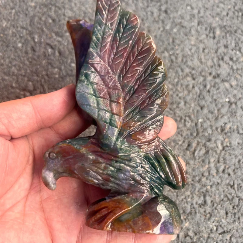 Colorful Orbicular Ocean Jasper Flying Eagle Statue Art Exquisite Beautiful Natural Moss Agate Quartz Crystal Hawk Spirit Animal