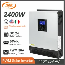 MX US Stock 2400W Solar Hybrid Inverter With 50A PWM Solar Charge Controller 24V DC to 110V/120V AC Max PV 80V Off-Grid Inverter