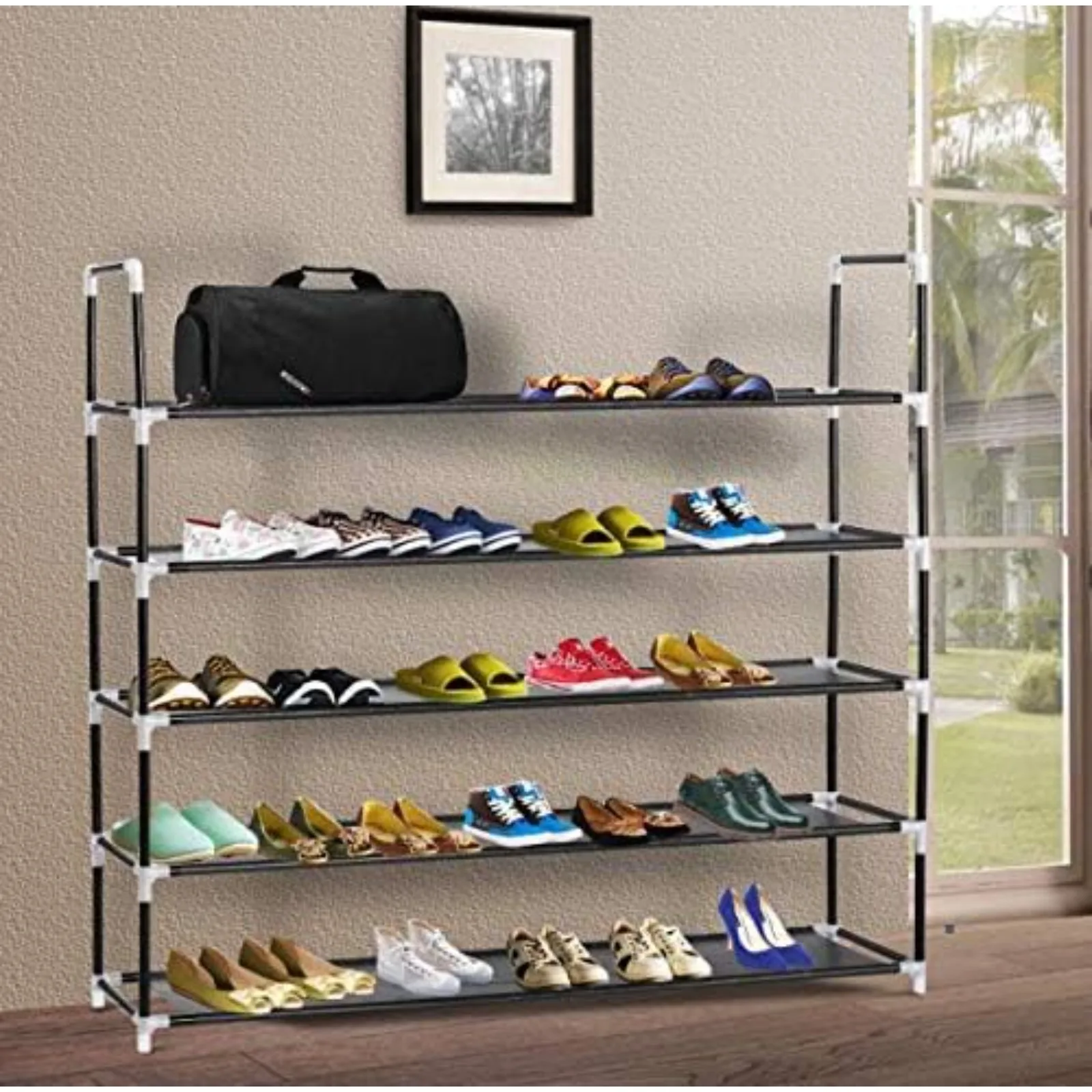

5-Tier Durable & Stable Space Saving Shoe Tower, Non-Woven abric Shoe Shel (Black, its 25 Pairs)