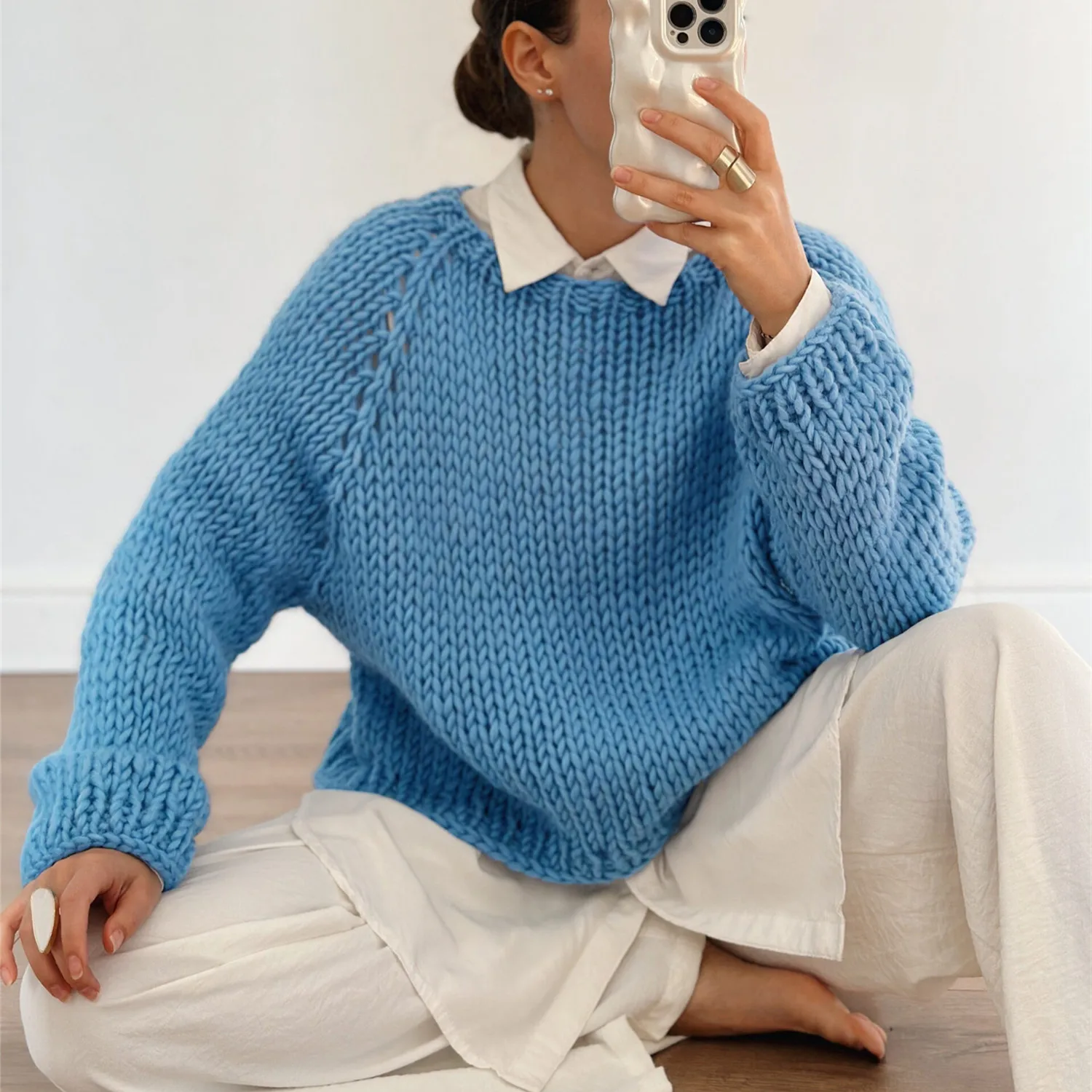 

Women's Autumn Winter Loose Sweater Tops Solid Color Long Sleeve Round Neck Cutout Tie Back Knitwear Pullover Y2K Streetwear