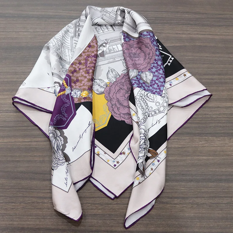 88×88cm 18MM 100% Silk Twill Scarf For Women Luxury Brand Double Sides With Different Design Square Size Shawls And Wraps Autumn