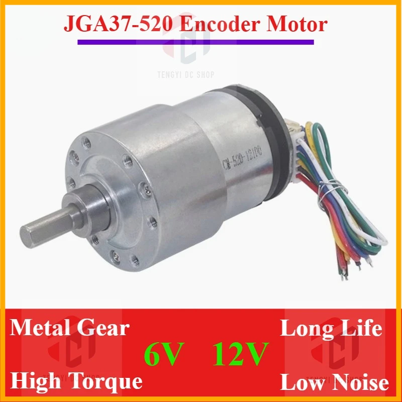 JGB37-520 Encoder DC-reductiemotor 6V12V 6-1590 RPM metalen reductiemotor voor tweewielige balansauto met laag geluidsniveau en hoog koppel.