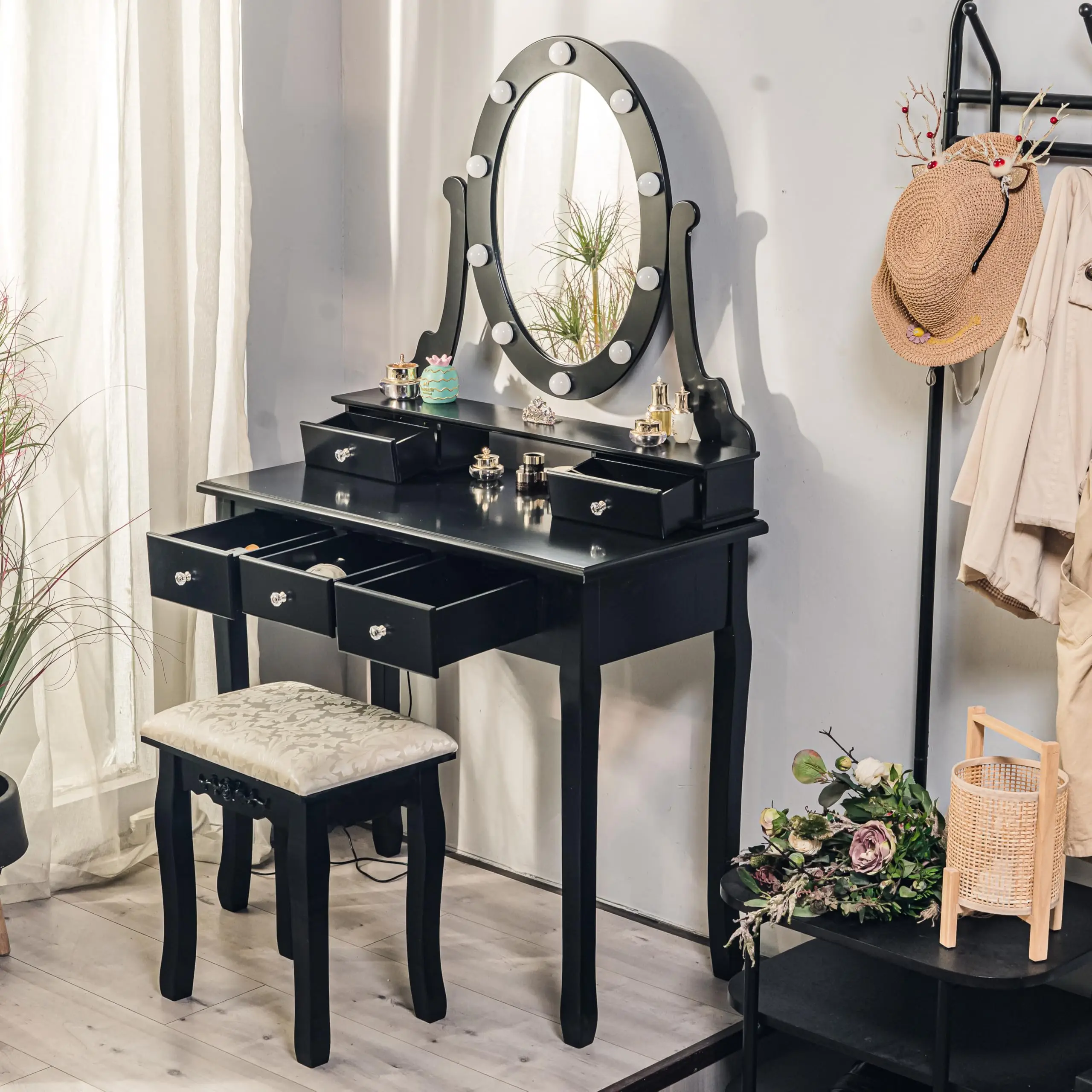 Modern Vanity Table Set with Lighted Oval Mirror, 5 Drawers, Cushioned Stool, 3 Lighting Modes - Makeup Desk for Bedroom, Girls & Women - White