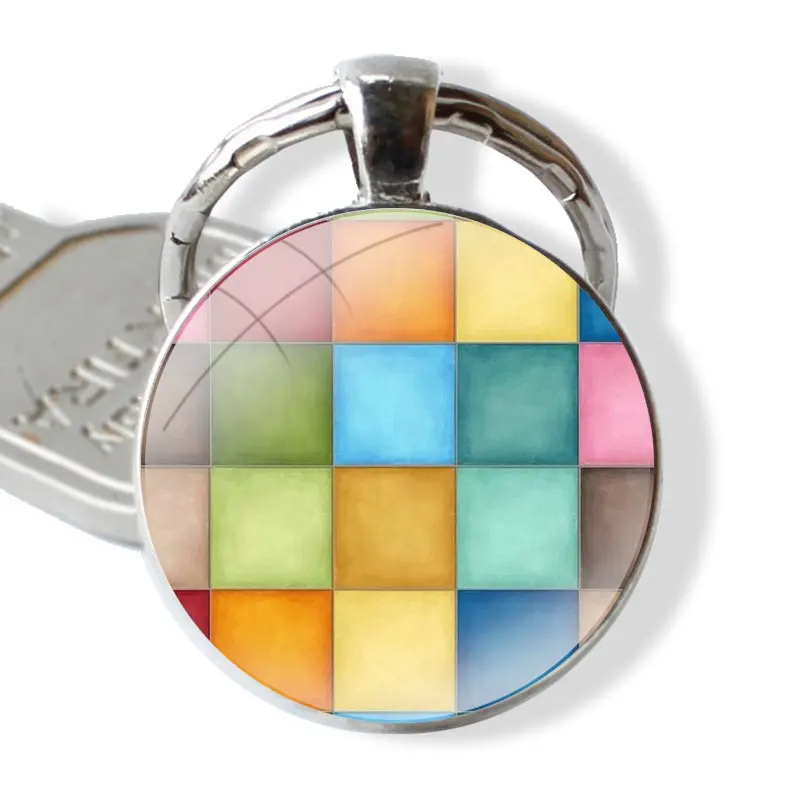 Keychain Handmade Glass Cabochon Key Ring Holder Pendant Key Chains checkered colorful abstract