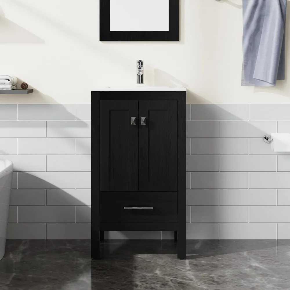 20 inch Bathroom Vanity Sink Combo, Black Bathroom Cabinet with White Sink Top, Black Water-Grain Ripple Pattern