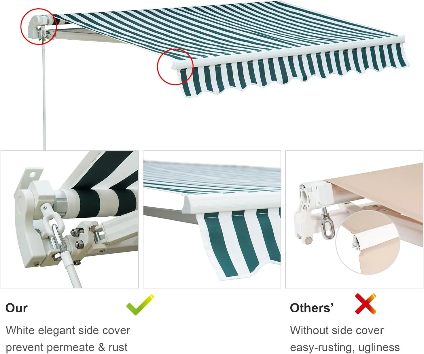 8'x7' Patio Awning Retractable Fully Assembled, Manual Commercial Grade  (Green/White Stripes)