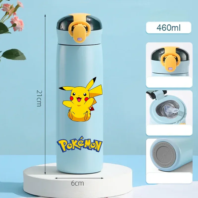 Pokemon 460 ML Pikachu Taşınabilir Çocuk Termos pipetli kupa Paslanmaz Çelik Karikatür Vakum Şişeler Sevimli Termal Su Şişesi