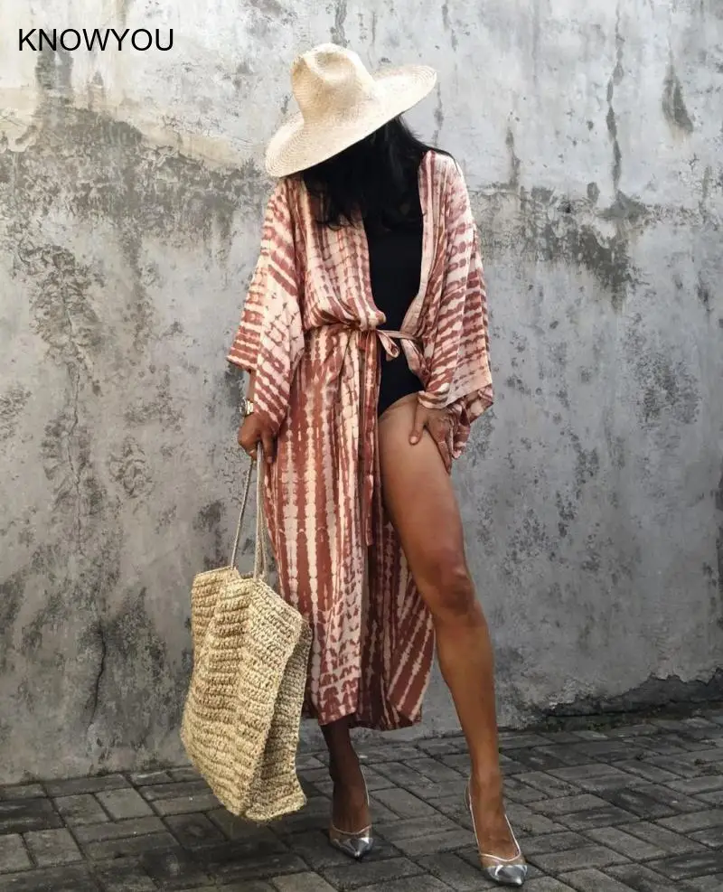 Boho Streifen Tie Dye Badeanzug Cover Up Kimonos Ponchos Bikini Beachwear Strand Robe Femme Langes Kleid Tunika Sarong Strickjacke