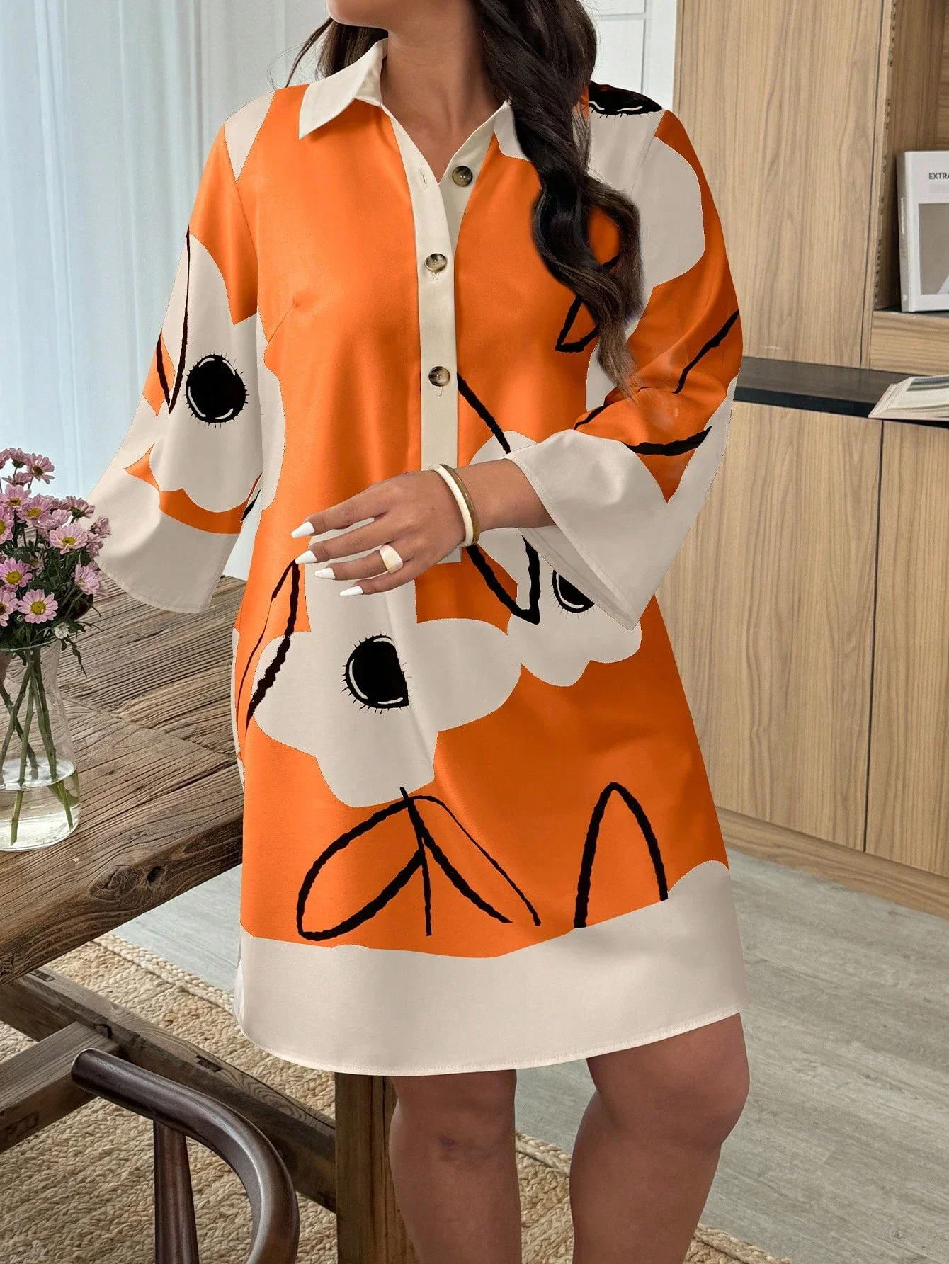 

Женское повседневное платье-рубашка с длинным рукавом и цветочным принтом