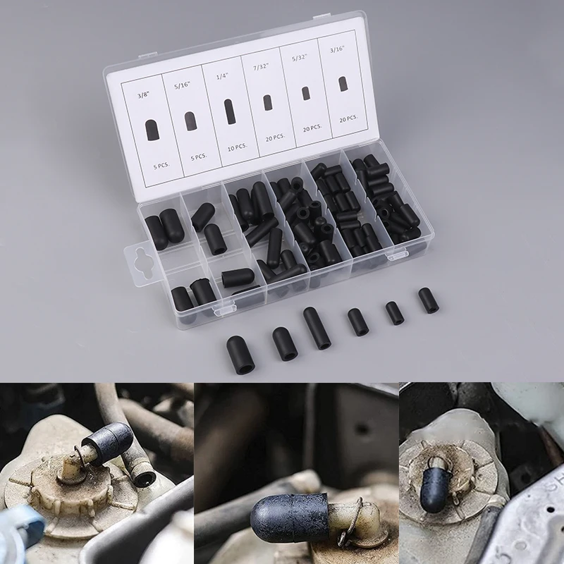 80pcs/box Black Vacuum Dust Cap for Automobile Crburetor Rubber Dropper Cover ID 5/32 inch to 3/8 inch Carburetor Hose Cap Kit