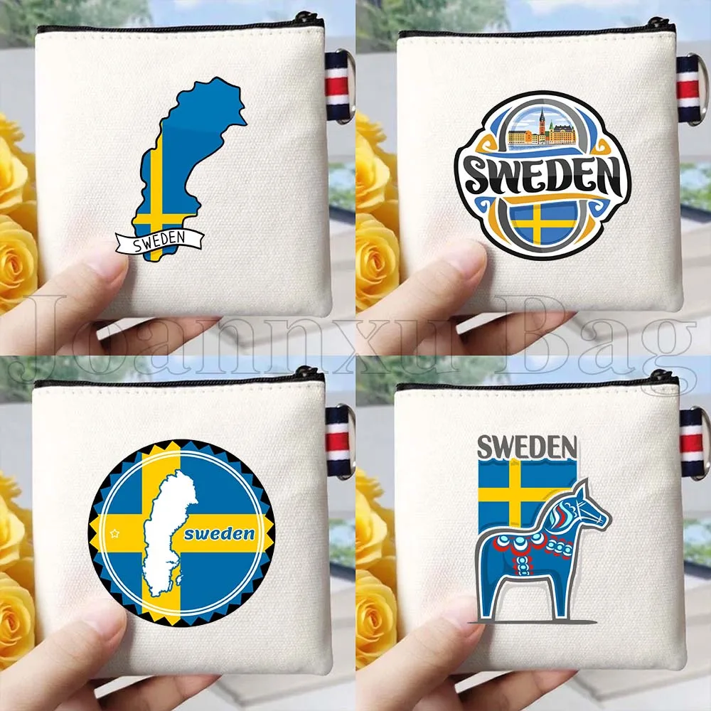 Monedero de lona con mapa de la bandera de Estocolmo, Suecia, recuerdo de un punto de referencia, regalos suecos, bolsa cuadrada para llaves, tarjetero, cartera, estuche.