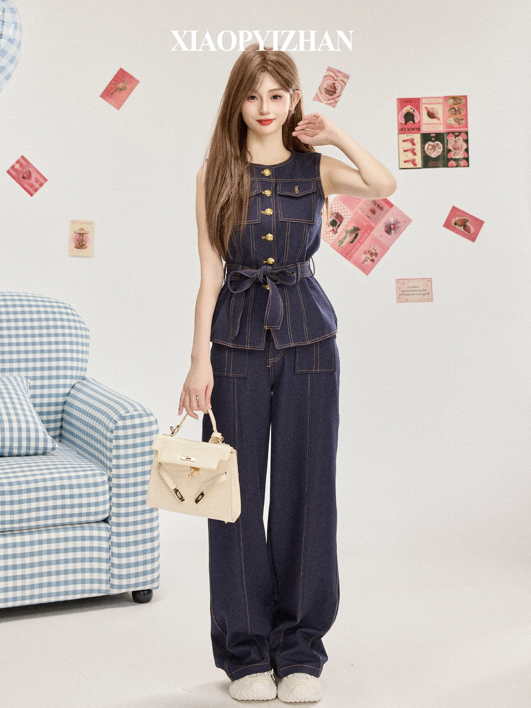 Ele Denim Set المرأة أوائل الخريف الخصر مقصوص Svel سترة مستقيمة الساق السراويل قطعتين دعوى عالية الخصر السراويل بعقب... #5