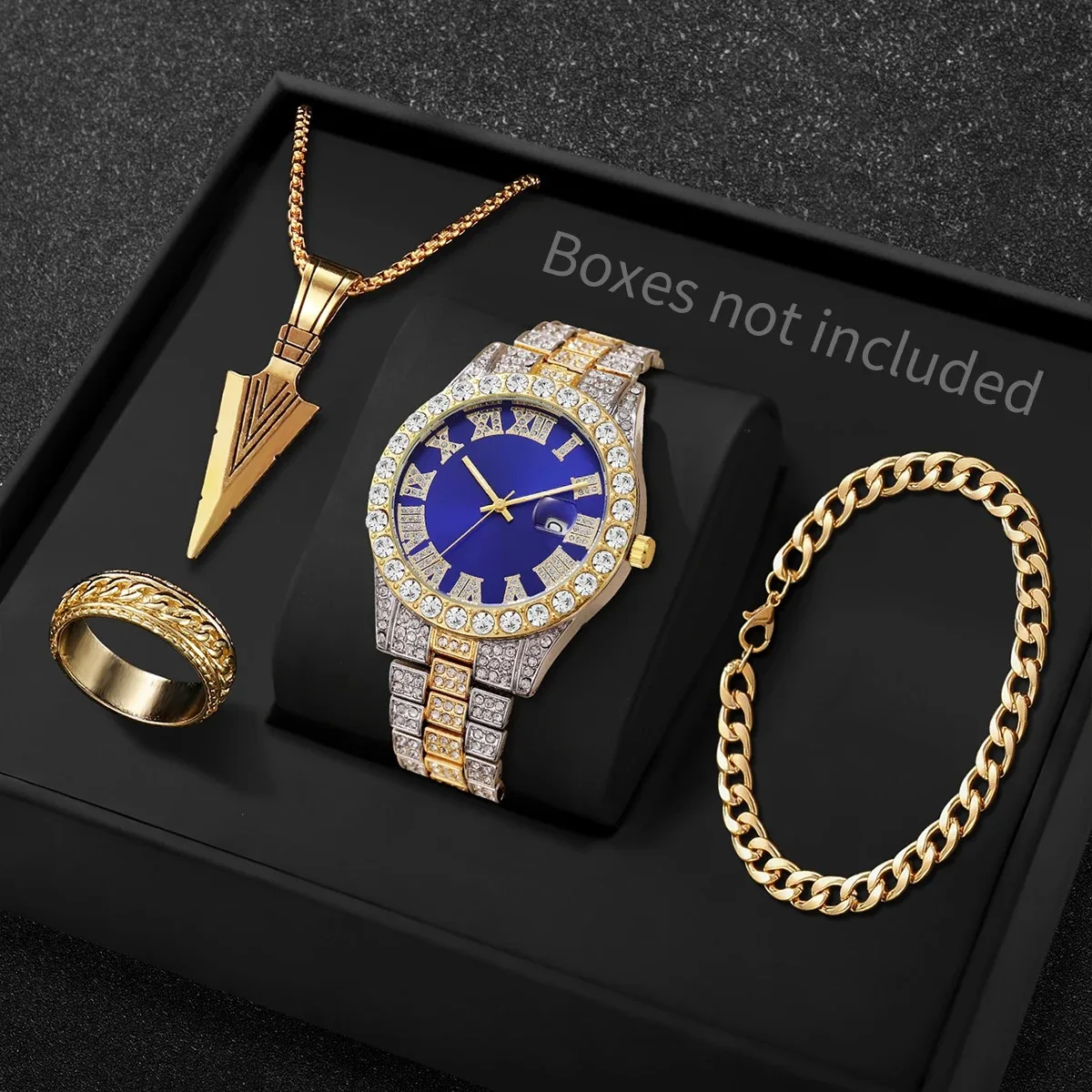 4PCS/Set Luxury Rhinestone Men Watches Fashion Roma Dial Male's Calendar Quartz Watch Jewelry Set Reloj Hombre(Without Box)