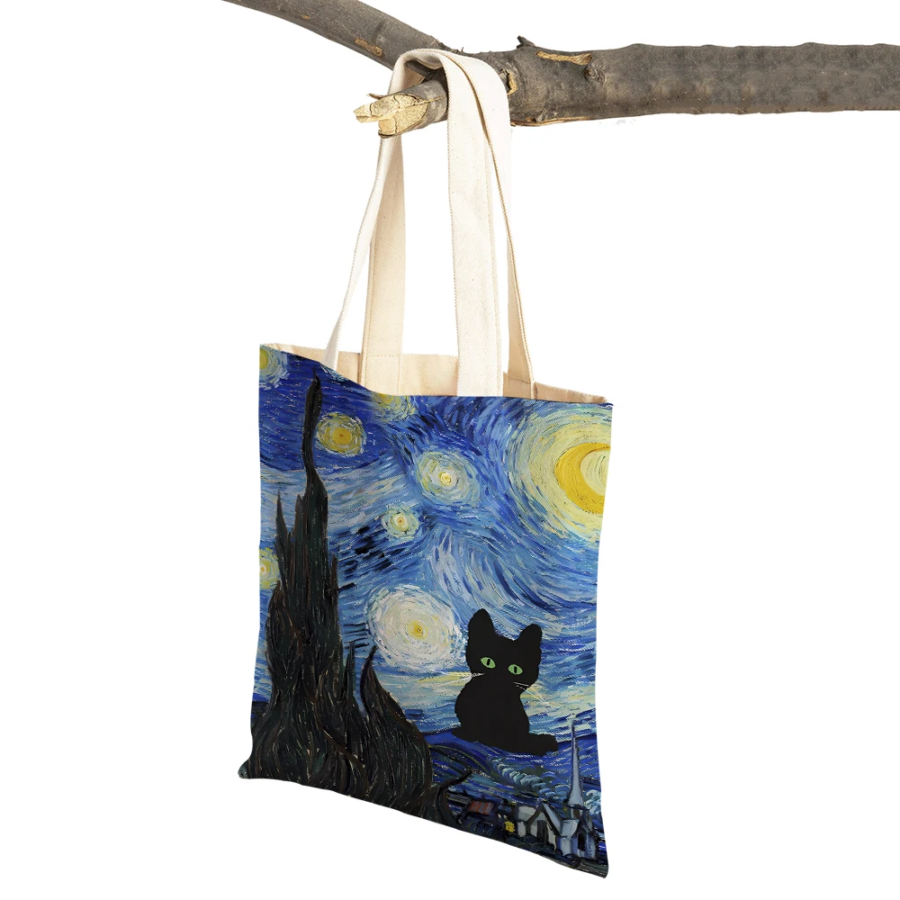 Black Cat Van Gogh Matisse Sunflower Both Sided Tote Handbag Fashion Art Casual Retro Lady Shopping Bag Women Shopper Bags