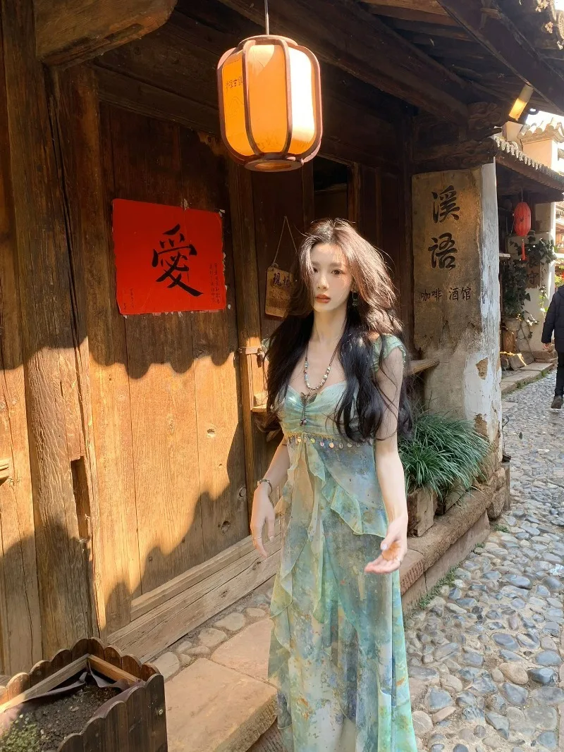 Mode Elegante Damen Kleider Sommer Neue Sexy Ärmellose Blumen Midi Kleid Boho Strand Casual Süße Fee Kleidung Frauen