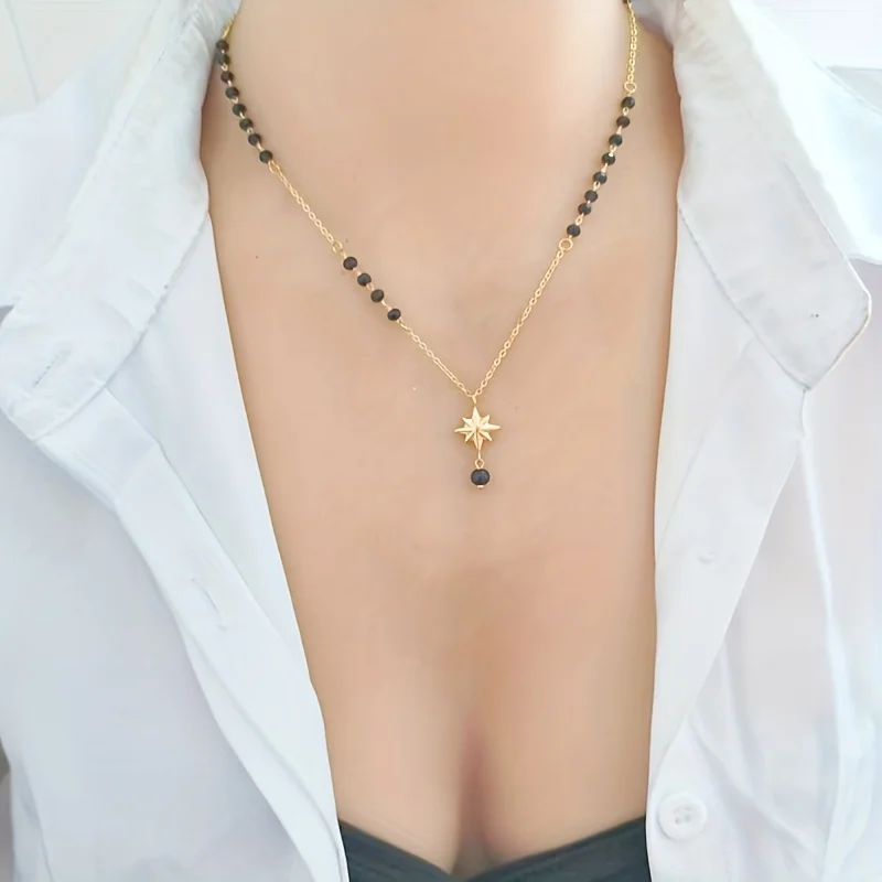 Vintage Black Crystal 8 Pointed Star Pendant Y-Shaped Necklace Gold Color Beaded Lariat Chain Necklace for Women Party Jewelry