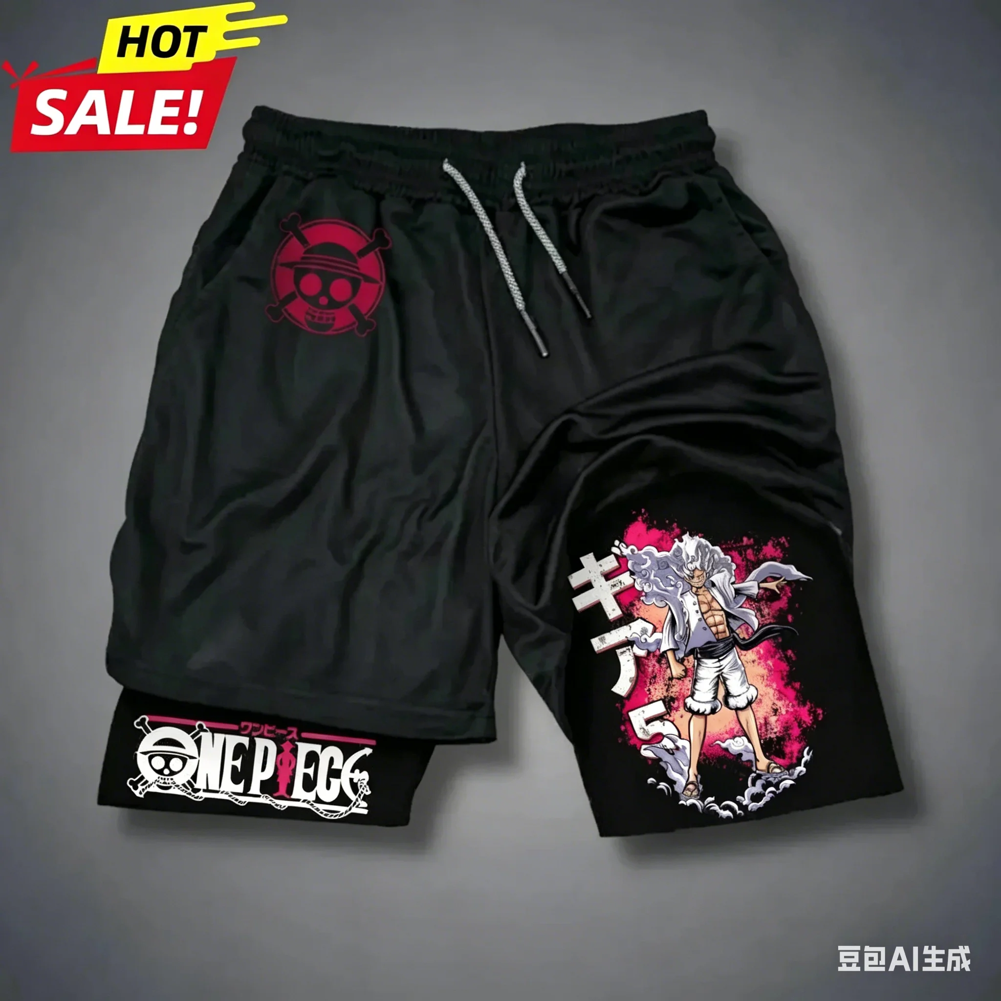 One Piece Herren Luffy Gear 5 2026 Kompressions-Shorts Nika Luffy & Strohhut-Totenkopf Laufshorts Schnelltrocknende Gym Anime-Shorts