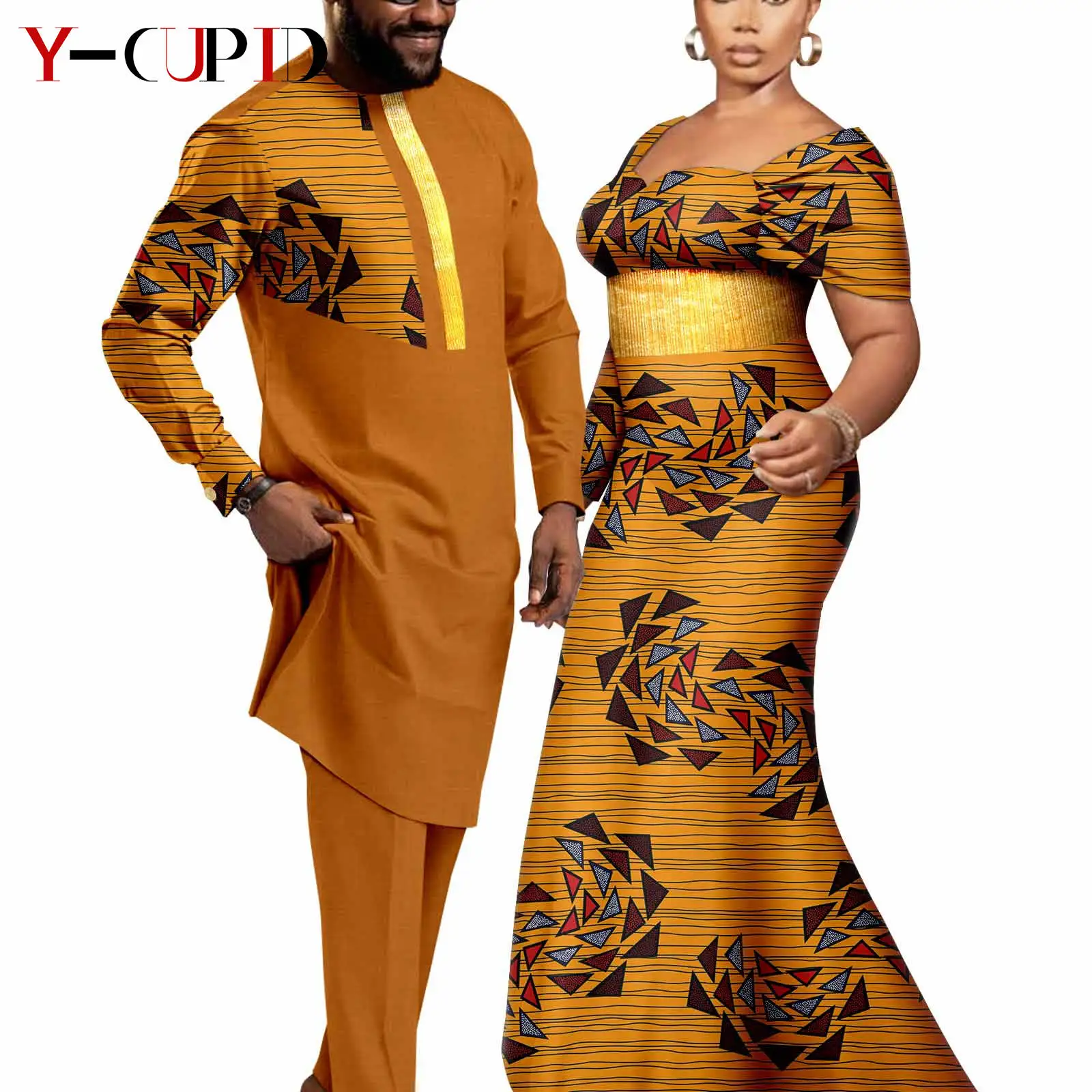 Stylish Matching African Outfits Couples Women Princess Sleeves Long Dresses Bazin Riche Men Outfits Top and Pant Sets Y23C098