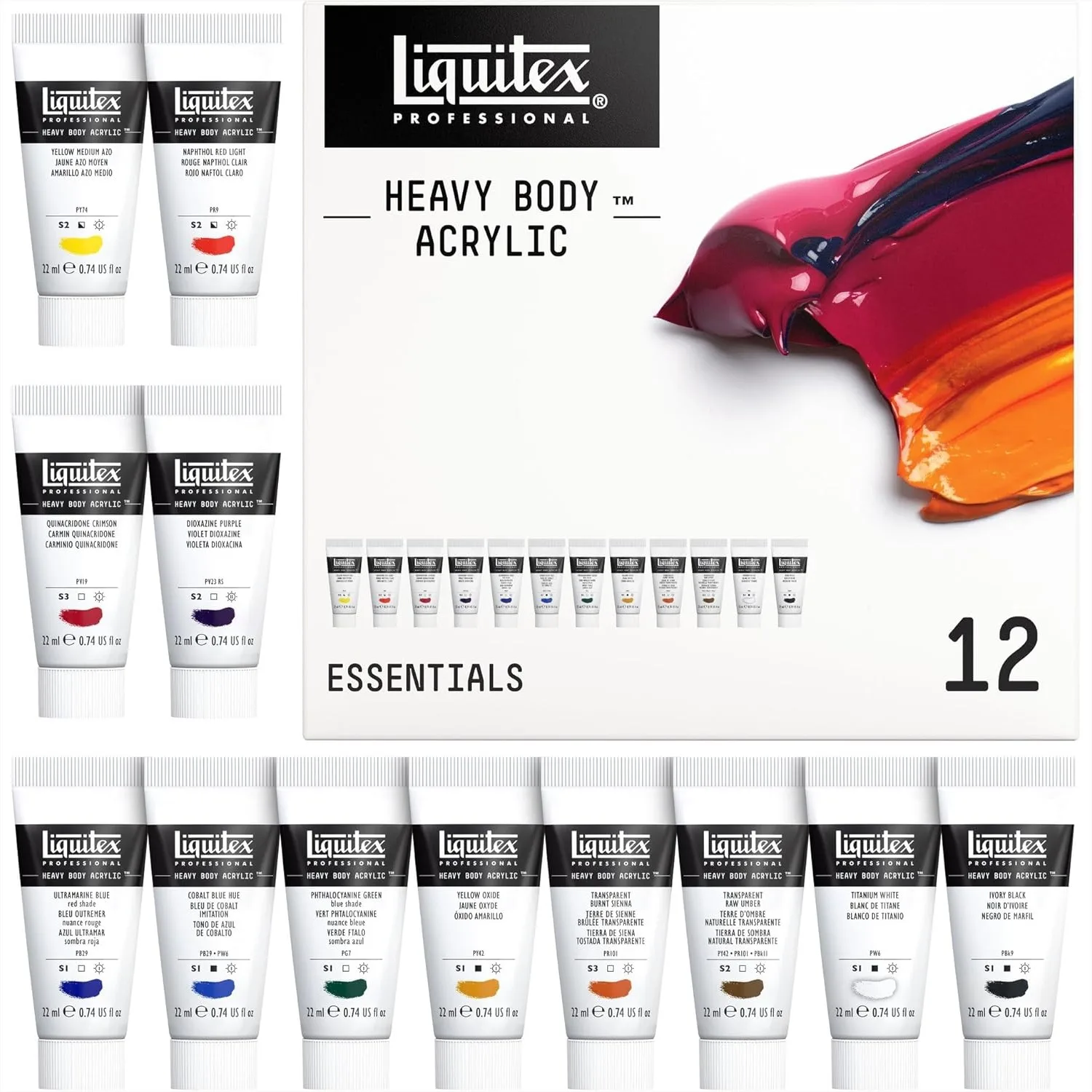 Professional Heavy Body Acrylic Paint Set, 12 x 22ml, High Viscosity & Pure Pigments for Rich, Permanent Color with Non-Cracking