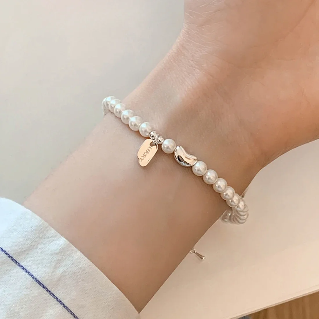 Vintage 925 Sterling Silver Pearls Bead Bracelet For Women Fashion Korean Bean Shape Bracelet Luxury Party Wedding Jewelry Gift