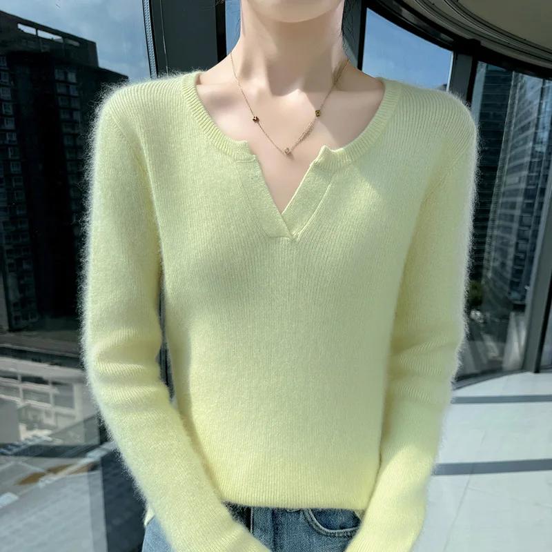 

Новый зимний норковый кашемировый женский свитер с полуоткрытым воротником, свободный универсальный облегающий теплый пуловер с v-образным вырезом, высококачественный вязаный свитер