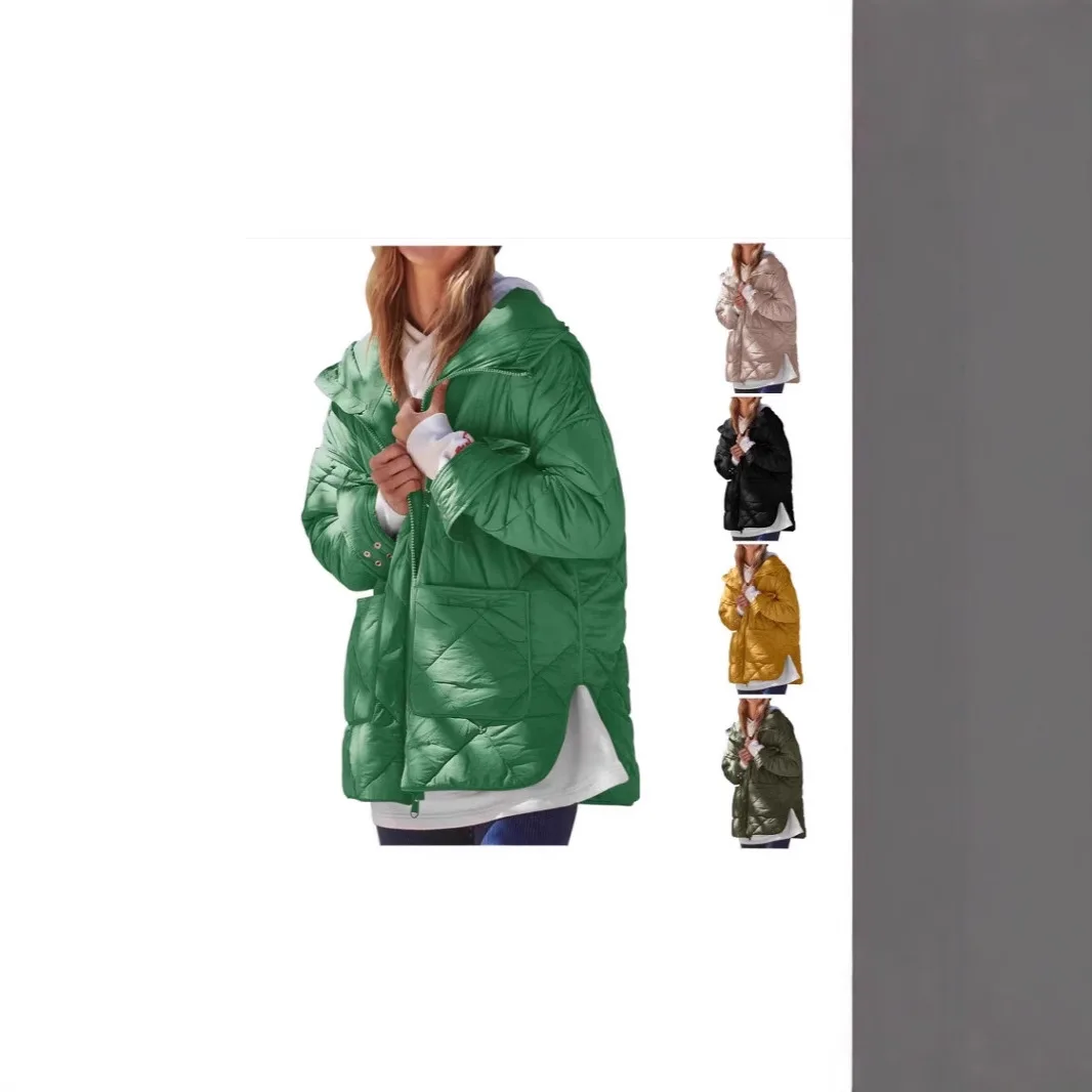 

Loose Fit Diamond Patterned Long Sve Hooded Zipper Cotton Jaet Large ket Asymmetrical Hemline Winter Outerwear