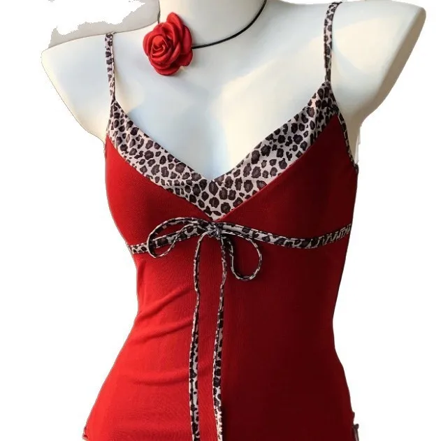 Sleepwear Camisole Leopard Print V Neck Tank Top Slim Fit Tie Front Sleeveless Top Cropped Vest Black Red Spaghetti Straps 4
