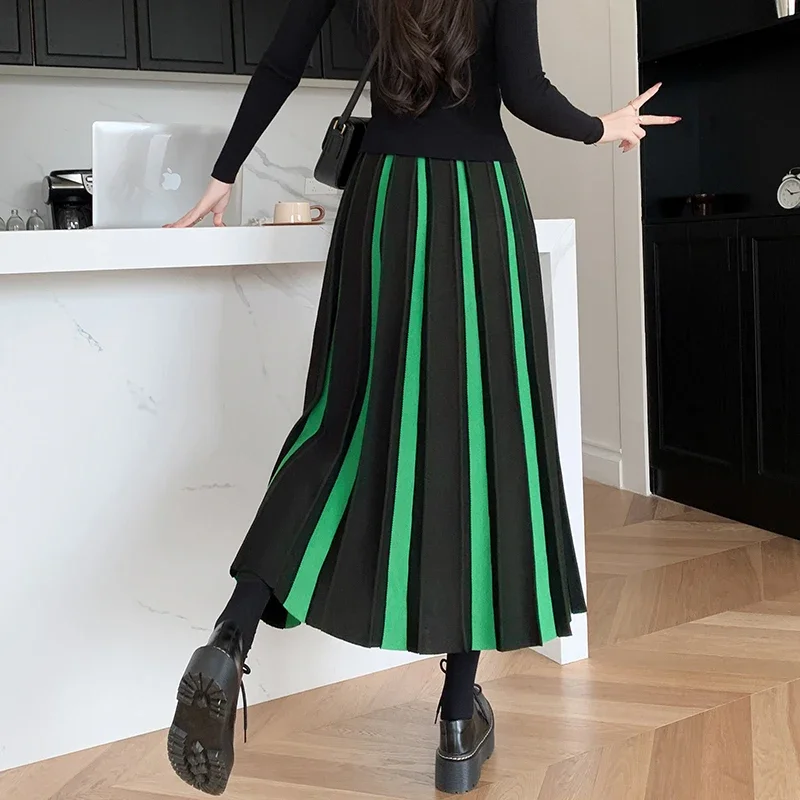 New 2024 Autumn Winter Skirts for Woman High Waist A Line Pleated Knitted Long Skirts for Women Black Green Patchwork Skirt