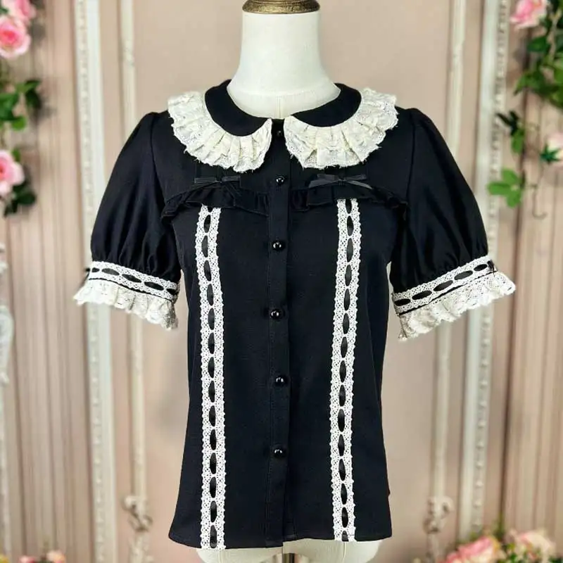 

Victorian Vintage Gothic Lolita Blouse for Women, Japanese Kawaii Lace, Peter Pan Collar, Puff Sleeve Shirt, Female Y2k Sweet