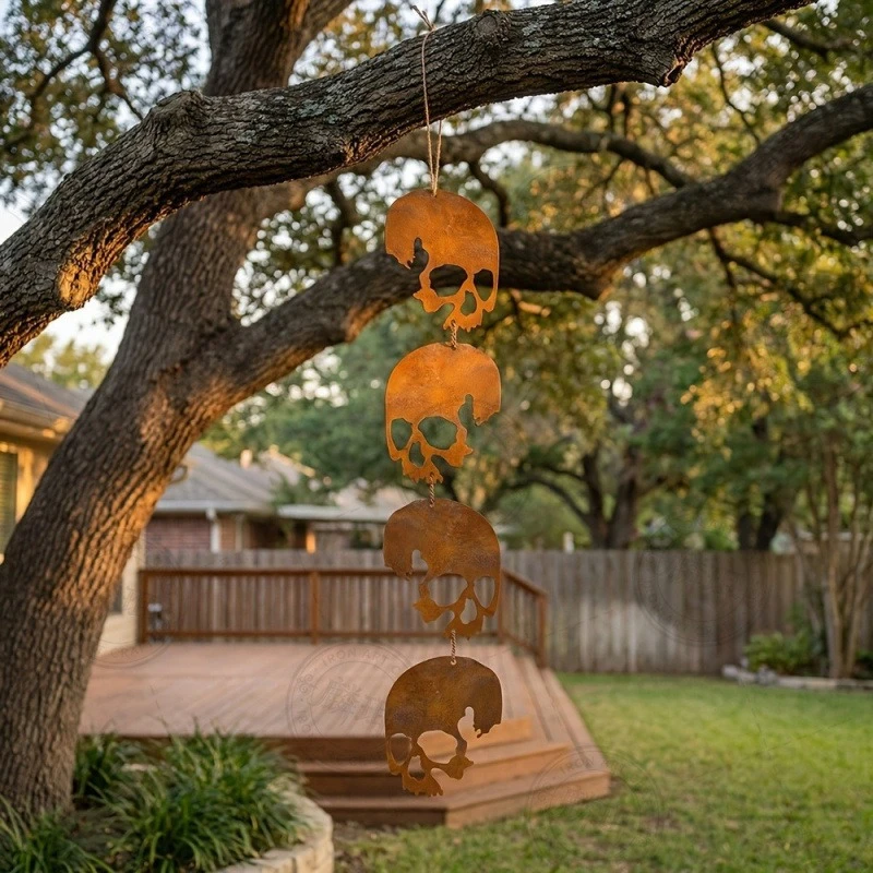 Rusty Metal Skull Hanging Ornament Halloween Garden Decor Outdoor Yard Patio Wall Art Party Decoration