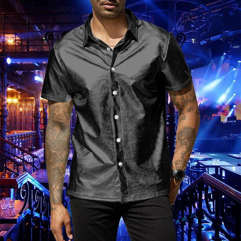 Mens Fashion Shirts Short-sleeved Button-up Lapel Solid Color Bright Shirt Tops Men Summer Party Fashion Nightclub Shirts Male