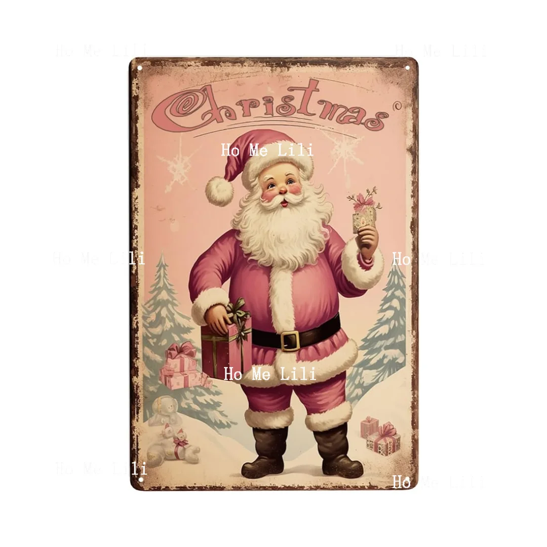 Pink Santa Shabby Chic Vintage Metal Tin Sign Plaque Wall Art Home