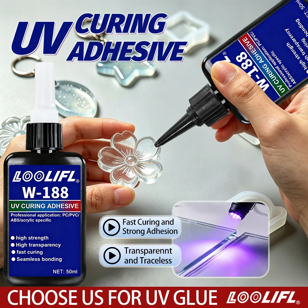 Loolifl W-188UV-Härtungskleber, hochtransparent, schnell trocknend, stark klebend, spurlos, nahtlos, für DIY-Bastelarbeiten, Glas, Schmuck, Reparaturkleber