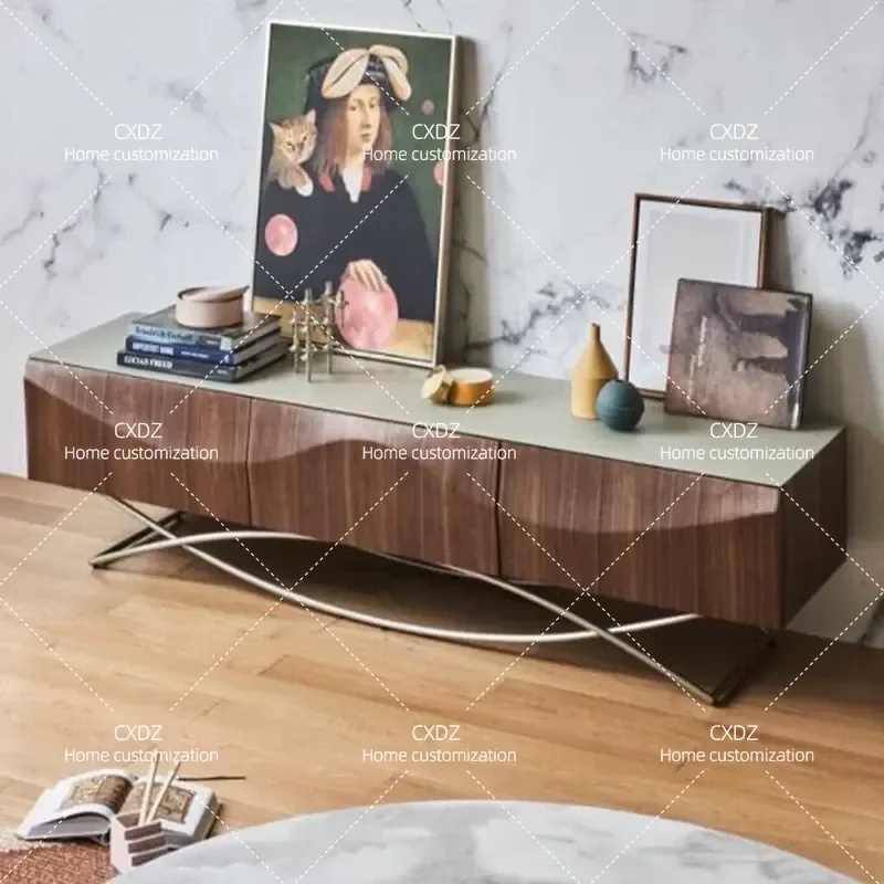 New Nordic Simple Modern Audio Visual Cabinet Walnut Veneer Glass TV Cabinet Locker Side Cabinet Customization
