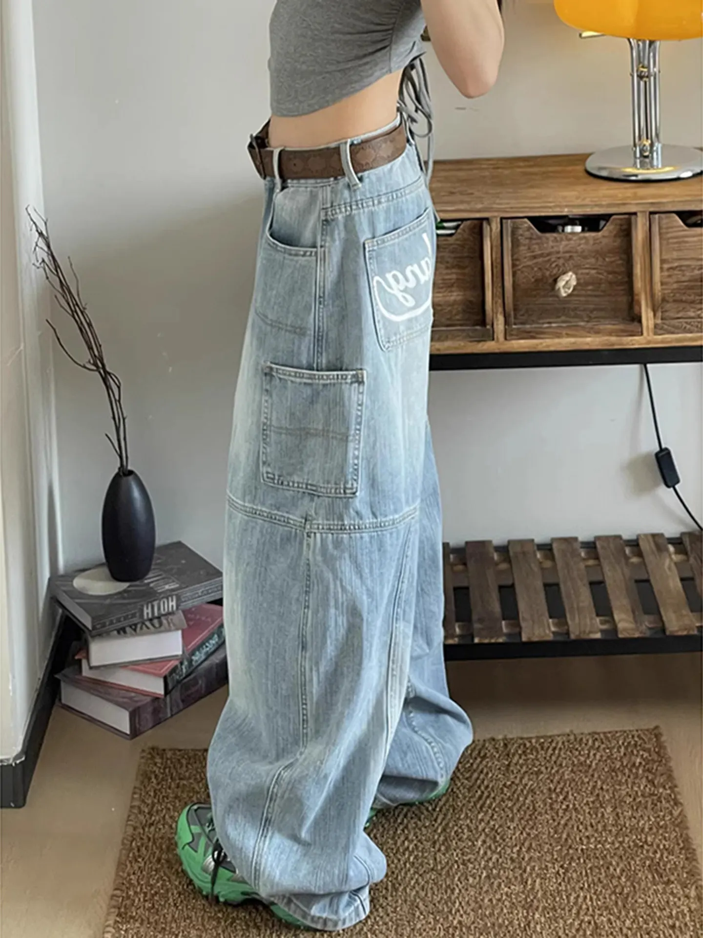 American Style Loose Fit Light Blue Deconstructed Denim Jeans Women's plus Size Casual Straight Leg Workwear Trousers