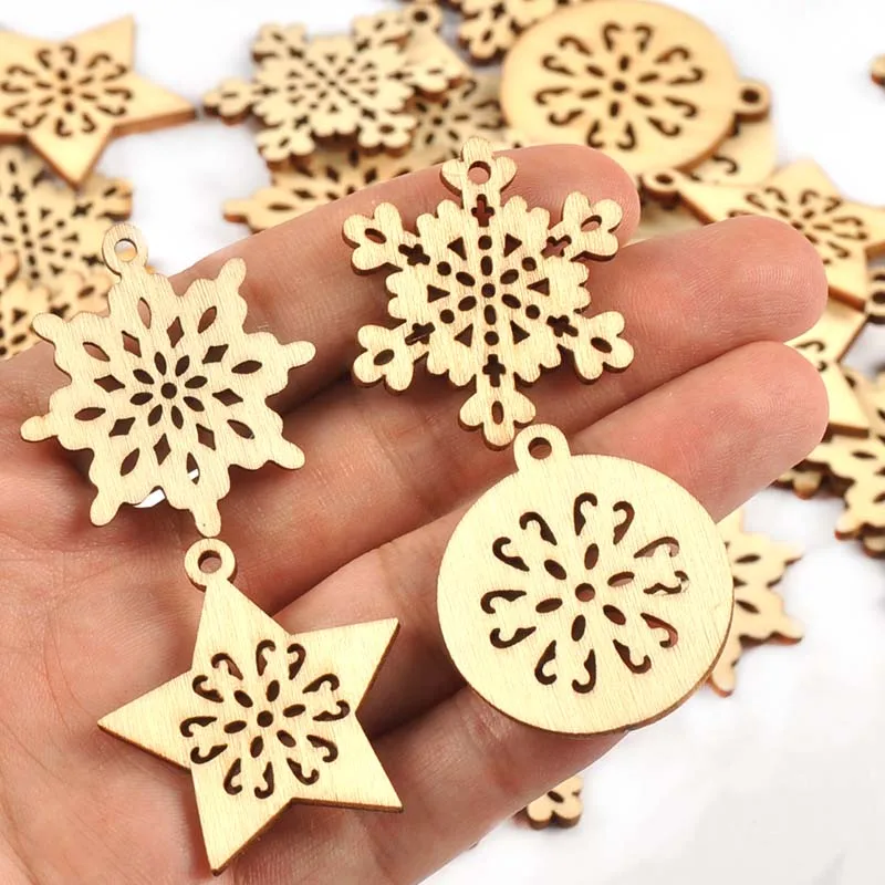 25pcs 34mm Mixed Snowflake/Star Christmas Tree Decorations Wooden Pendant Hanging Oranment Party Xmas Home DIY Crafts Arts C4119