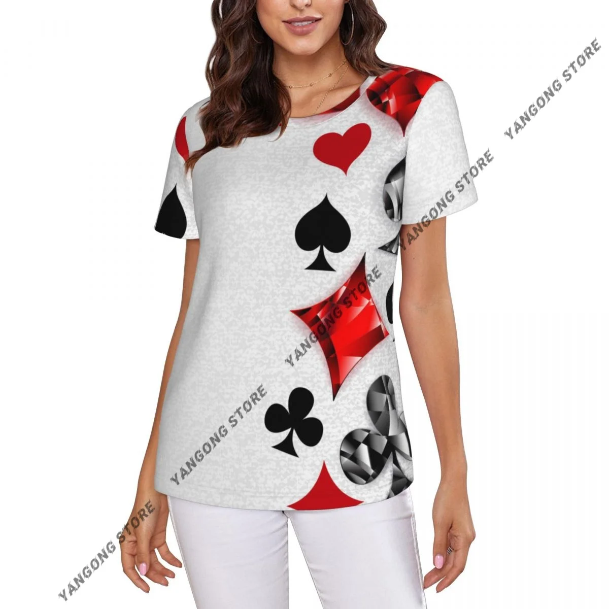 T Shirt Women Polygonal Playing Cards Tee Shirt Casual Round Neck Short Sleeve Streetwear Female T-Shirt