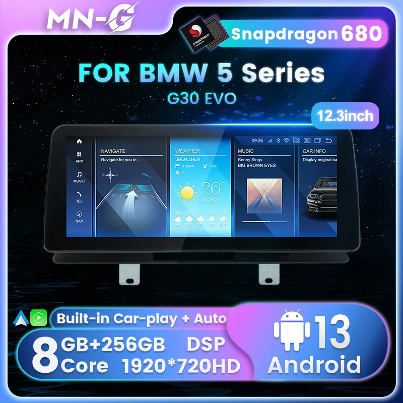 

MN-G Snapdragon 680, Android 13, до 8-ЯДЕР, до 8 + 256ГБ, автомагнитола For БМВ 5 серии G30 For BMW 5 Series BMW G30 EVO System Штатная магнитола 2 din GPS android мультимедиа , беспроводной Apple CarPlay, Android auto