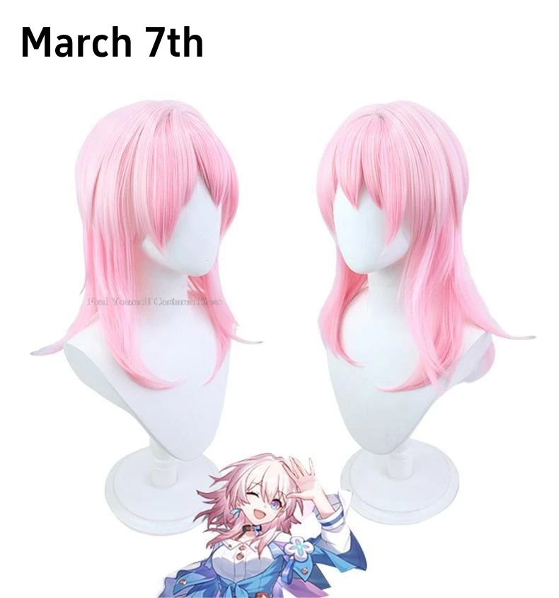 March 7th Cosplay Wig Game Honkai Star Rail Pink Gradient Bow Hair Astral Express Heat-resistant Fiber Hair Free Wig Cap Girls