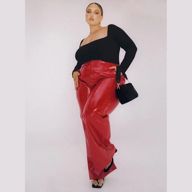 Plus Size Women Shiny Patent Leather Trousers 7XL High Waist Faux Latex Straight Pants 8XL with Pocket Flare Pants 9XL Clubwear