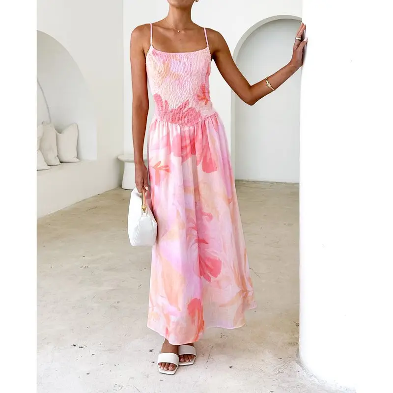 Abito estivo da donna senza maniche con apertura sul retro, spalline sottili, stampa floreale tie-dye, abito da spiaggia lungo a trapezio con smock