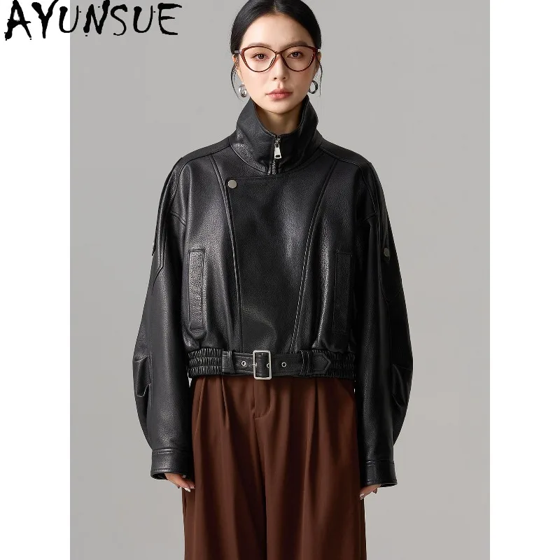 AYUNSUE Real Leather Jackets for Woman 2026 Short Fashion Long Sleeve Tops Motorcycle Style Black Jacket Woman Clothes 신상아우터