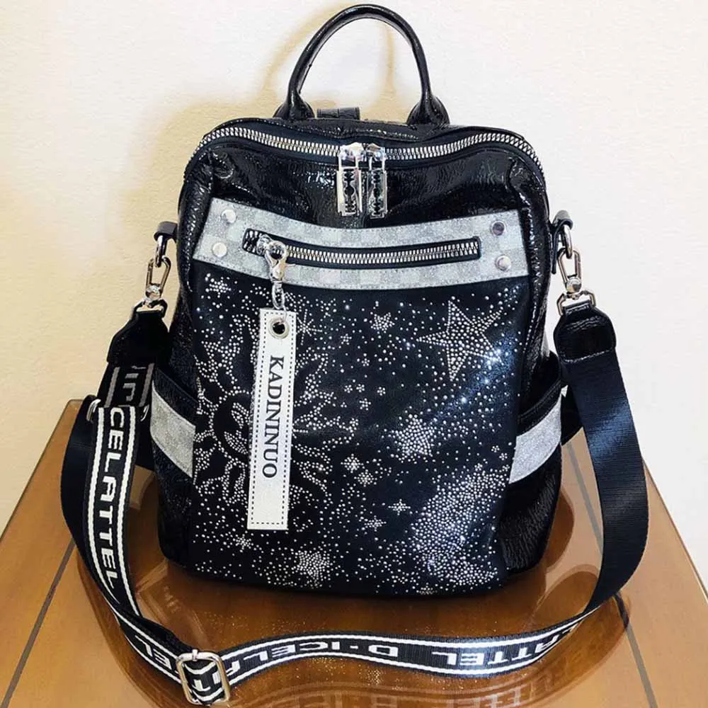 Women Backpack Fashion Shiny Rhinestone Leather Multifunctional Shoulder Backpack Luxury Designer Casual Large Capactiy Bagpack